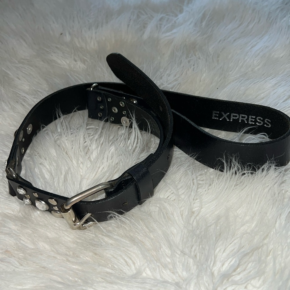 Y2K Express Women's Belt Size Small M Black Leather Bejeweled Boho Linked Italy